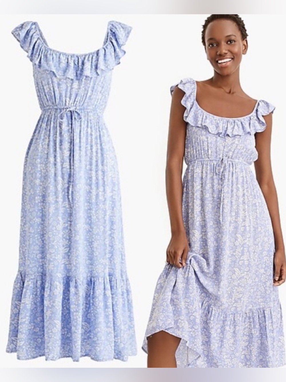 J. Crew Ruffled Cinchwaist Dress Blue Natural Floral Midi NEW Small Boho